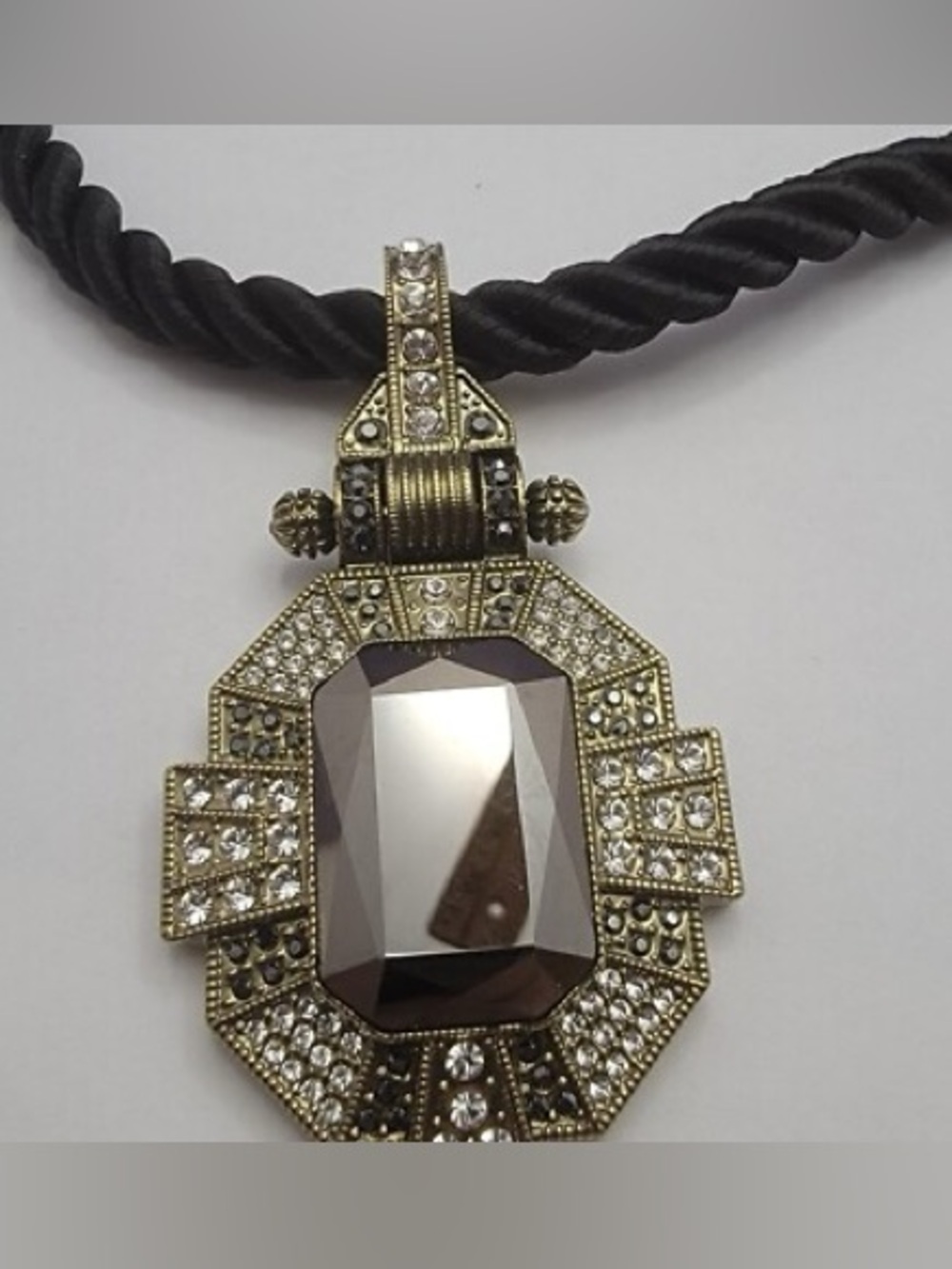 Heidi Daus Large Crystal Art Deco Style Pendant Necklace on Satin Cord
